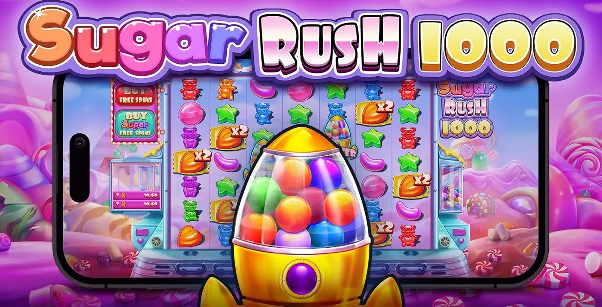 Promotional Sugar Rush 1000 mobile banner showing the game reels on a smartphone in a pink candyland scene, with gummy bears and candy symbols behind a large gumball-machine rocket and the “Sugar Rush 1000” title across the top.