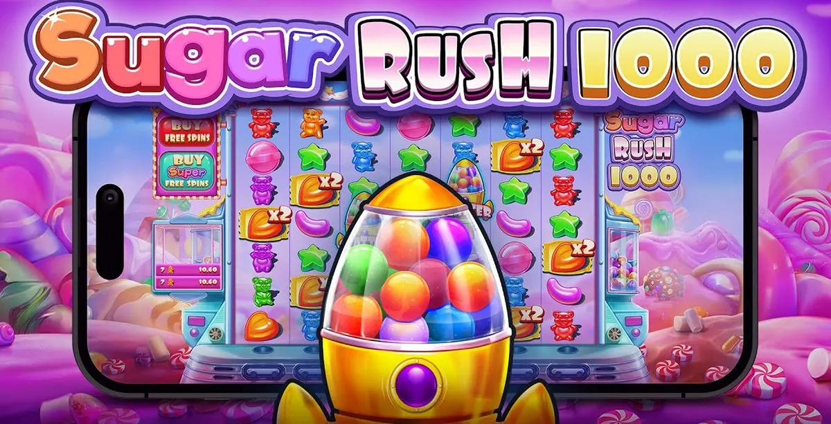 Promotional Sugar Rush 1000 mobile banner showing the game reels on a smartphone in a pink candyland scene, with gummy bears and candy symbols behind a large gumball-machine rocket and the “Sugar Rush 1000” title across the top.