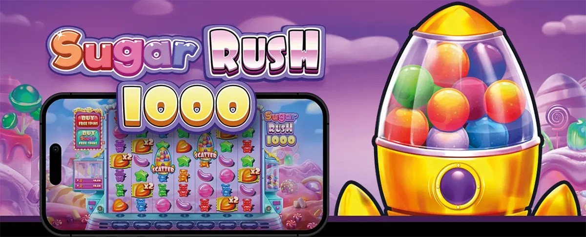 Wide Sugar Rush 1000 promo banner in a purple candyland, with the game running on a smartphone on the left and a large gumball-filled rocket machine on the right, plus the “Sugar Rush 1000” title at the top.