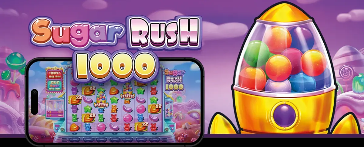 Wide Sugar Rush 1000 promo banner in a purple candyland, with the game running on a smartphone on the left and a large gumball-filled rocket machine on the right, plus the “Sugar Rush 1000” title at the top.